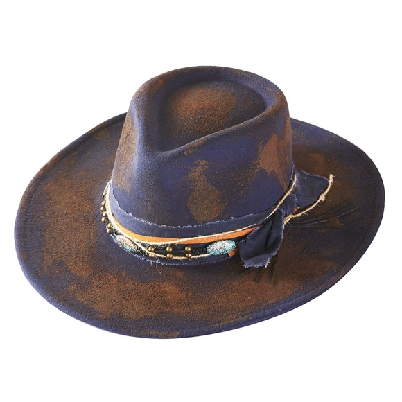 Blue Boho Western Rustic Fabric Band Cowboy Hat Brim Womens Statement Accessory - Picture 4 of 6